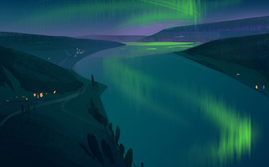 Winter evening in the mountains with the northern lights 