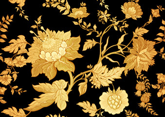 Seamless pattern with stylized ornamental flowers in retro, vintage style. Jacobin embroidery. Vector illustration In gold and black.