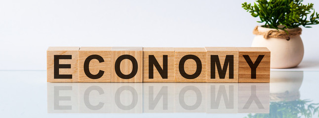 ECONOMY word written on wood block. Decision text on wooden table for your desing, Top view concept.