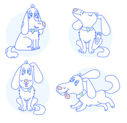 Different dogs A cute, playful white dog with a heart runs and sits, scratches an ear, sticks out its tongue. Vector sketch outline