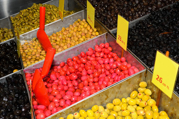 Turkish olives different mix for sale in Grand Bazaar, Egyptian outdoor market. Fresh produce