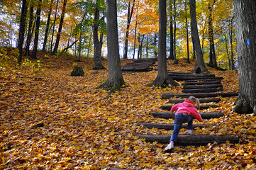 child counting the steps as she climbing uphill in the forest in autumn