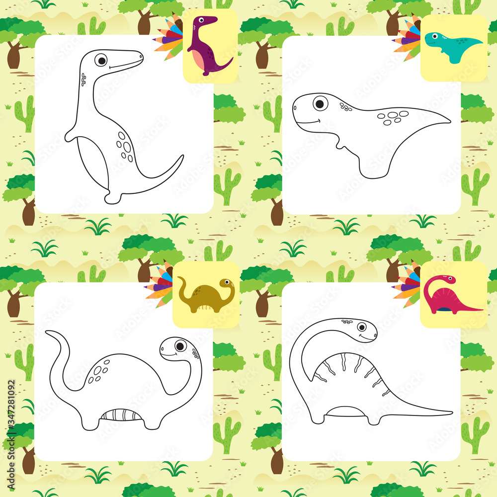 Wall mural Funny cartoon dinosaurs collection. Coloring book