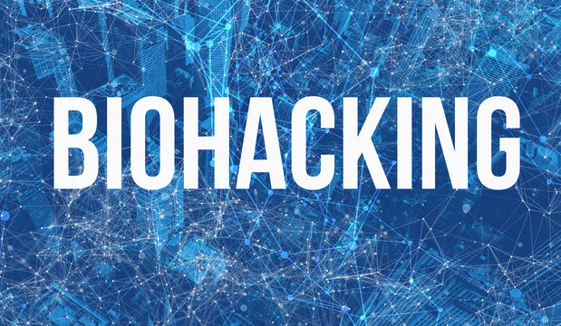 Biohacking theme with abstract network patterns and skyscrapers