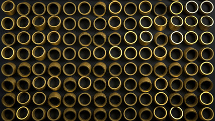 3d render abstract image of golden tubes or cylinders on black background. Perfect illustration for placing your text or object. Backdrop with copyspace in minimalistic style. Minimalist background