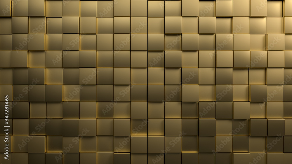 Poster 3d render of golden metal cubes or tiles on wall. perfect illustration for placing your text or obje