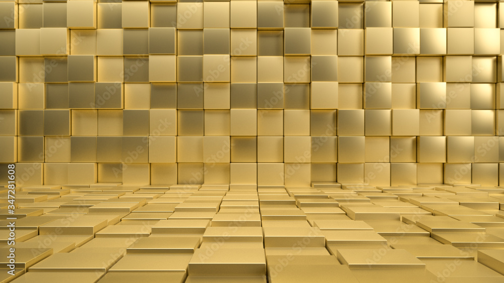 Poster 3d render of interior made of golden shiny cubes or tiles. perfect illustration for placing your tex