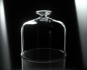 Glass plate cover with nothing under it, on black background. 3D Render
