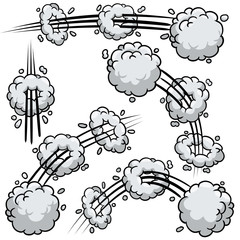 Comic bubble cloud. Cartoon black and white illustration. Set of Funny smoke and steam. Track and trace. An abstract element of movement