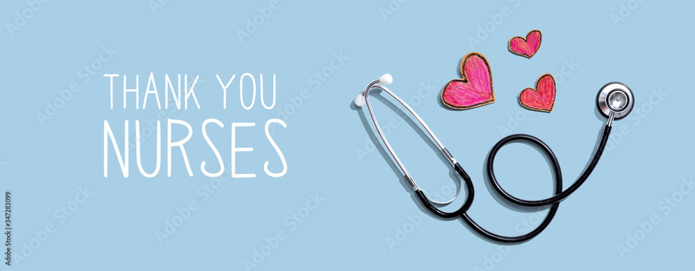 Wall mural thank you nurses message with stethoscope and hand drawing hearts - Wall murals