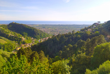 panoramic view of the Apuan Alps between the green mountains and the blue sea between the lush hills