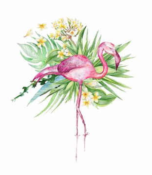 Watercolor print with palm leaves and flamingo bird