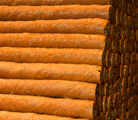 Various types or many colorful assortment of Turkish delights rolls for sale in a shop in Istanbul