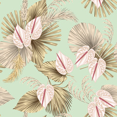Tropical floral boho dried palm leaves, anthurium flower seamless pattern green background. Exotic jungle wallpaper. © good_mood