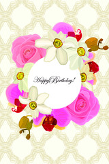 Happy Birthday! Greeting card with a frame of flowers roses, orchids, daffodils. eps10 vector stock illustration.