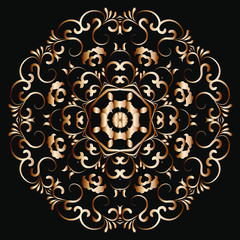 Luxury ornamental mandala design gold color on black background. Logo design template label for coffee; tea; business card. Isolated ornament. Vector Illustration.