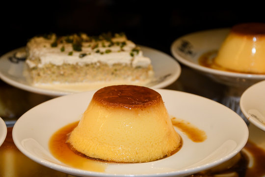 Creme brulee traditional french vanilla cream dessert with caramelised sugar on top.