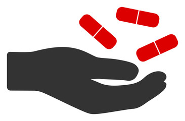 Vector hand with pills flat icon. Vector pictogram style is a flat symbol hand with pills icon on a white background.
