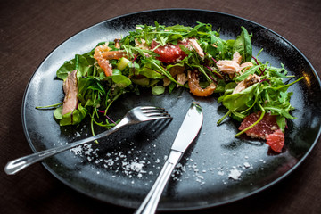 Chicken and green lettuce and leaf salad