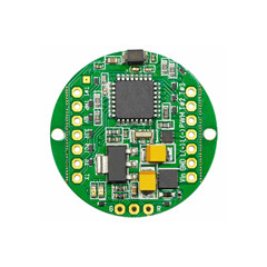 Green round led pulse width modulation dimmer PCB board surface mount components in a close-up top...