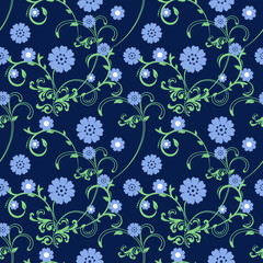 Seamless spring pattern with plant and flowers, workpiece for your design. Flowers elements and motifs. Decor for textile and print design. Vector.