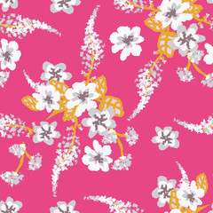 Light floral bouquets seamless vector pattern on a vibrant pink. Decorative feminine surface print design. For fabrics, stationery, wrapping paper, cards, andv packaging.