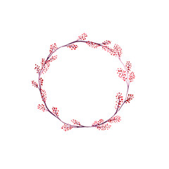 Red watercolor wreath with small flowers and branches on a white background. Round form floral frame for your design. Cute template for weddings and other events.