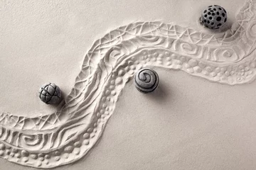 Acrylic prints Stones in the sand Sensory sand game. Modern zen garden concept. Top view
