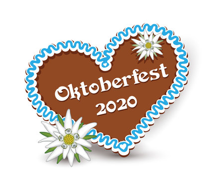 Oktoberfest Lebkuchenherz mit Edelweiss,
Herz aus Lebkuchen, Text Oktoberfest 2020, 
Vektor Illustration isoliert auf weißem Hintergrund 
