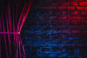 3D rendering of a brick wall with a red curtain - obrazy, fototapety, plakaty