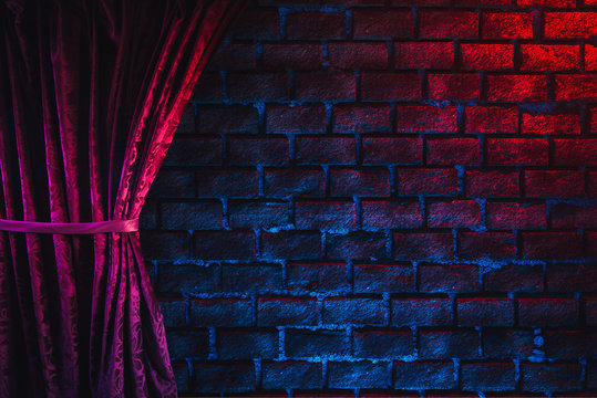 3D rendering of a brick wall with a red curtain
