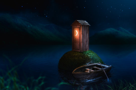 3D rendering of an old outhouse at night