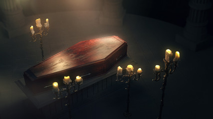 closed wood coffin with candles in a dark crypt / 3D rendering, illustration