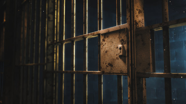 3D rendering of a dark cell door at night