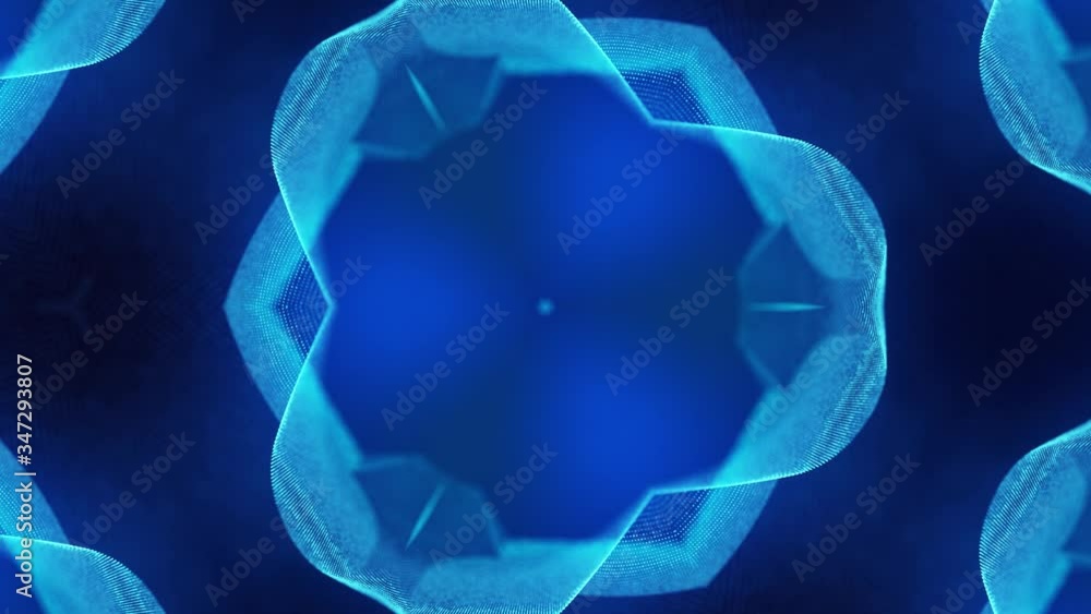 Aufkleber 4k looped abstract blue background of glow particles form curved lines, surfaces simmetrical structu