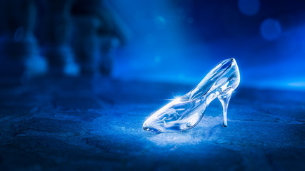 Fairy tale glass slipper shining in the moonlight. 3D illustration, rendering