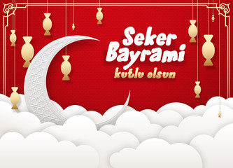 Naklejka premium Seker bayrami Eid Al-Fitr mubarak greeting card illustration. Tr: Sugar festival Eid al Adha, Welcoming ramadan Mubarak. muslim holy month posters invitations design with 3d flat paper cut with shadow