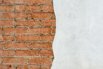 red brick wall and half-ruined white stucco, architecture abstract background