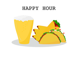 Flat design set prawns, beef taco tortillas burrito, quesadillas and Beer, set Mexican food and drink cuisine yummy prawns and beef tacos, burrito and beer isolated white background, text happy hour