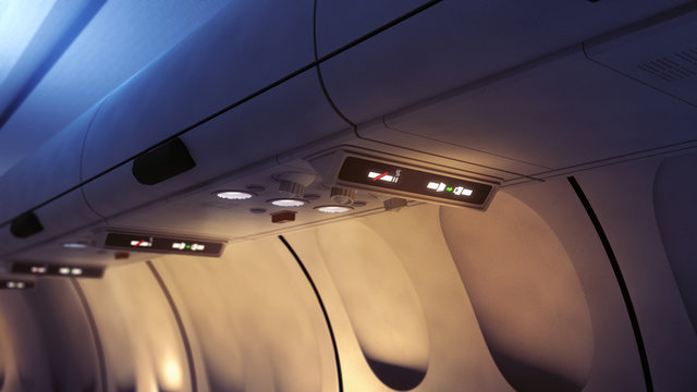 no smoking and fasten seatbelts signs inside an airplane, 3D rendering