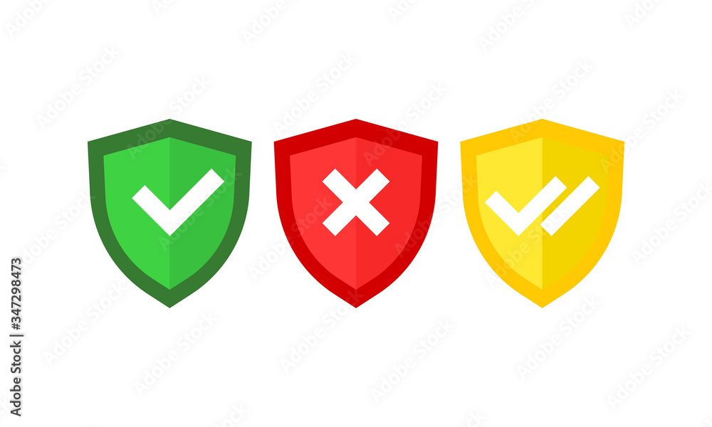 Poster shields and check marks icons set. tick mark approved, checkmark double on isolated white background