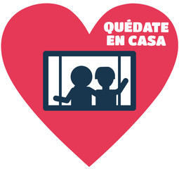 Quédate en casa con la familia. Icono vector con corazón y ventana en casa. Familia en cuarentena con el hogar. no salgas. amor vector. coronavirus, covid-19, virus, rojo. corazón.