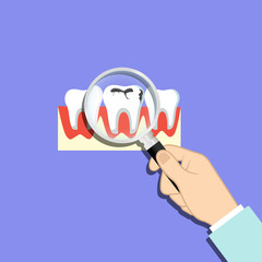 Finding problem teeth, caries, dirty enamel. Magnifying glass in hand. Tooth with caries icon on isolated background. EPS 10 vector.