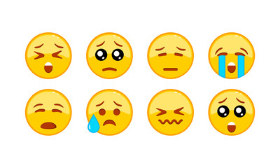 Sad, upset emoji icon set. Smiley, emoticons. Facial expression on isolated white background. EPS 10 vector