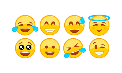 Laughing, funny emoji icon set. Smiley, emoticons. Facial expression on isolated white background. EPS 10 vector