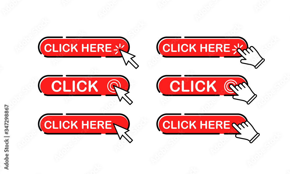 Poster click here button in red with mouse pointer, hand clicks or hand cursor icons set flat on isolated w