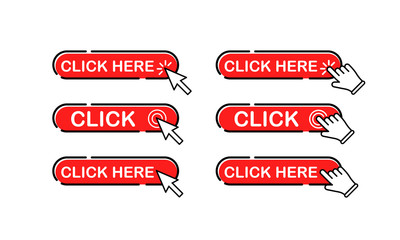 Click here button in red with mouse pointer, hand clicks or hand cursor icons set flat on isolated white background. EPS 10 vector