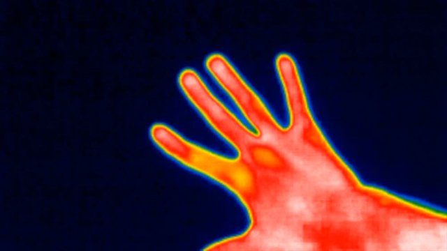 Thermal spectrum camera show hand temperature. Hand count to five then gesture like. Thermograph concept