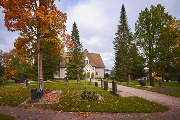 Old church in the Finnish town of Tuusula on an autumn day.