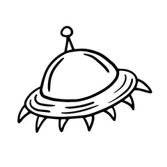 Flying saucer on a white background. Spaceship. Vector linear illustration. Spaceship in doodle style.